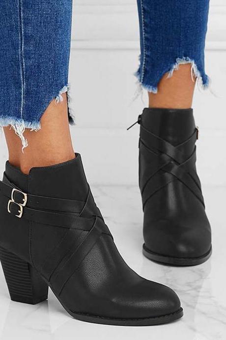 Veooy Crisscross Buckle Chunky Heel Ankle Boots Side Zipper Booties