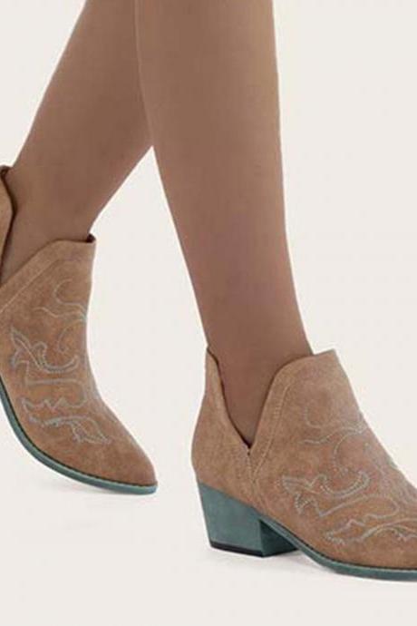 Veooy Embroidered V Cutout Western Ankle Boots Chunky Heel Booties
