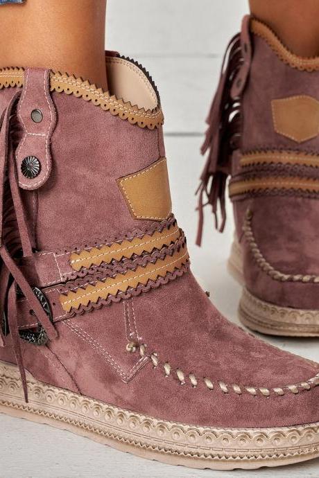 Veooy Tassel Cowboy Ankle Boots Stone Washed Wedge Heel Booties