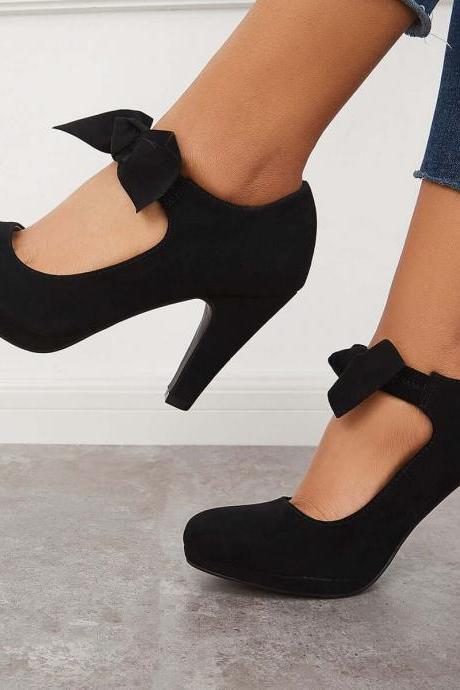 Veooy Thick Heel Pumps Bowknot Round Toe Ankle Strap Heels