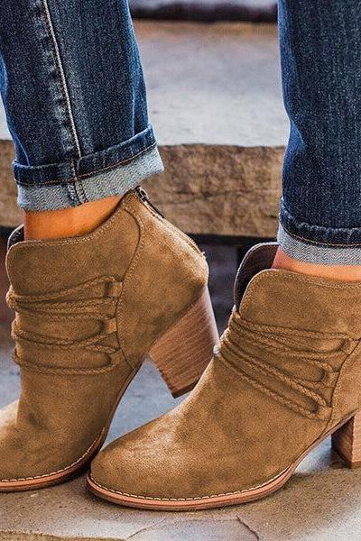Veooy Women Vintage Chunky Heeled Ankle Boots