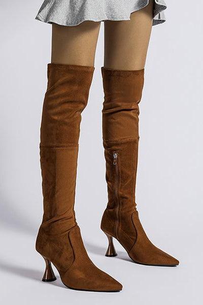 Veooy Pointed Toe High Heeled Suede Over The Knee Boots