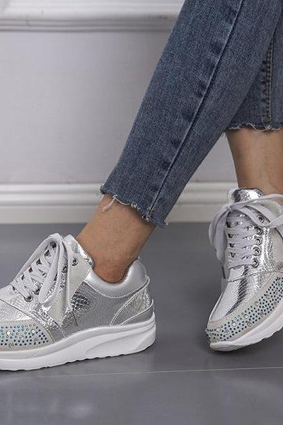 Veooy Rhinestone Embrellished Platform Lace-up Sneakers