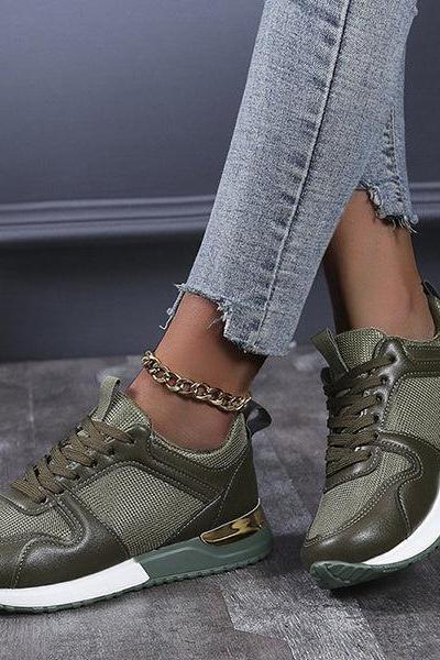 Veooy Women Casual Leather Colorblock Mesh Sneakers