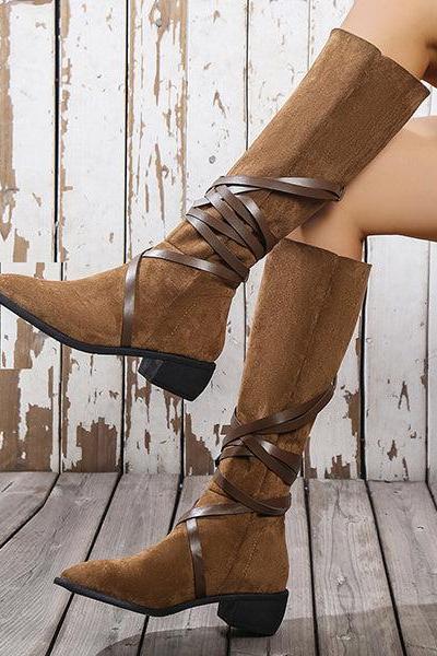 Veooy Pointed Toe Suede Around Lace-Up Embrellished Tall Boots