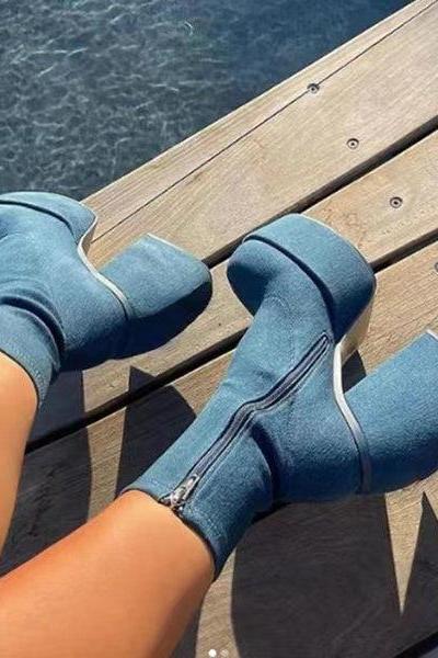 Veooy Platform Block High Heeled Ankle Boots