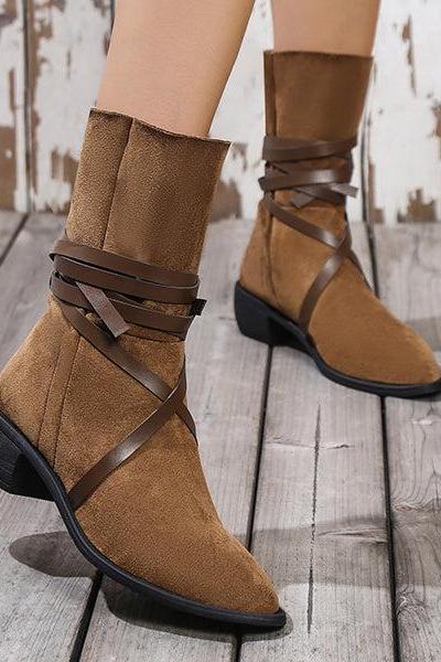 Veooy Pointed Toe Suede Around Lace-Up Embrellished Mid-Calf Boots