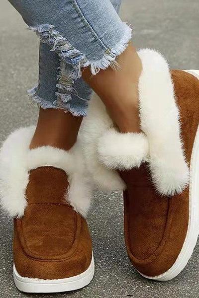 Veooy Warm Round Toe Flat Fluffy Snow Boots