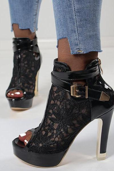 Veooy Lace Buckle Peep Toe Thick High Heel Boots