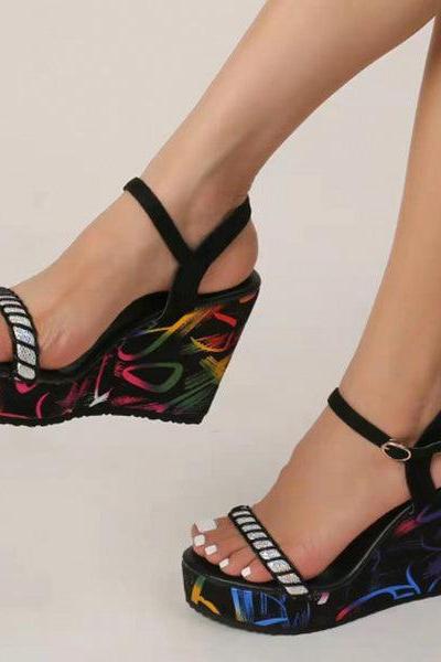Veooy Fashion Round Toe Buckle Color-Blocking Wedge Sandals
