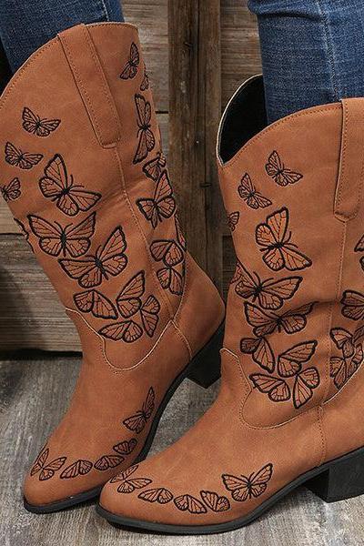 Veooy Butterfly Embroidered Pull-On Knight Boots