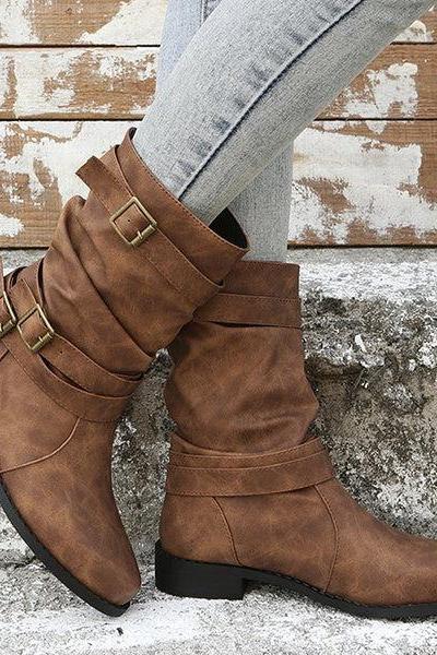 Veooy Vintage Buckle Round Toe Low Heeled Pull-On Boots