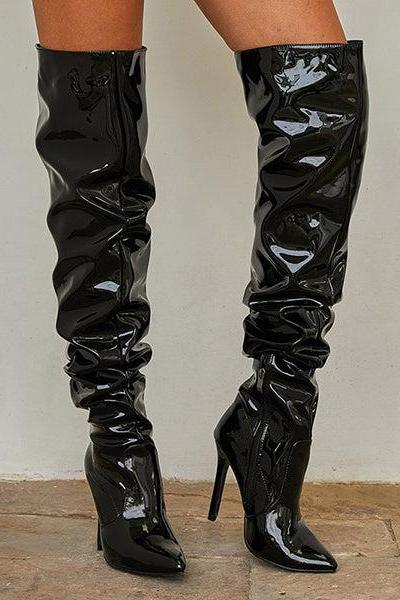 Veooy Stylish Pointed Toe Patent Leather Over-the -knee Boots