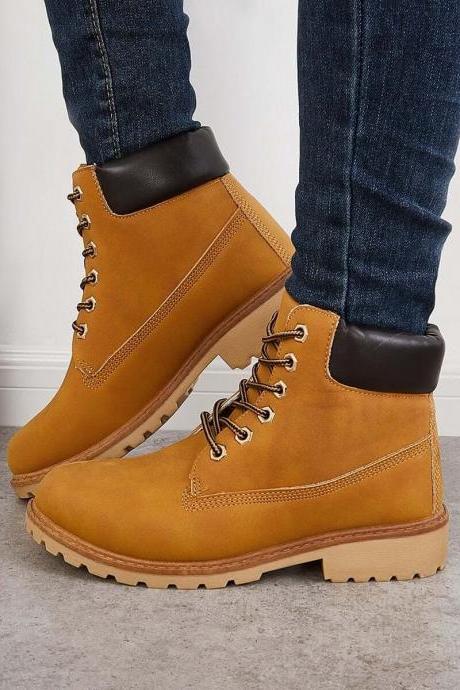 Veooy Classic Lace Up Ankle Work Boots Block Heel Hiking Booties