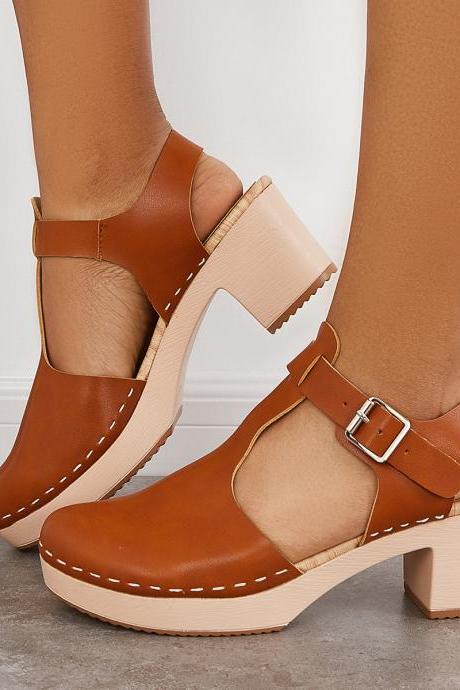 Veooy Brown Chunky Platform Heel Clogs Ankle Strap Sandals