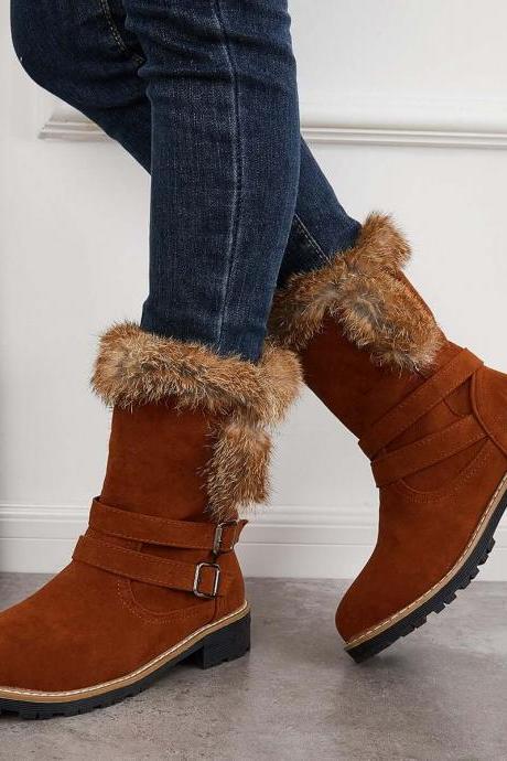 Veooy Warm Fur Mid Calf Snow Boots Block Heel Furry Winter Booties