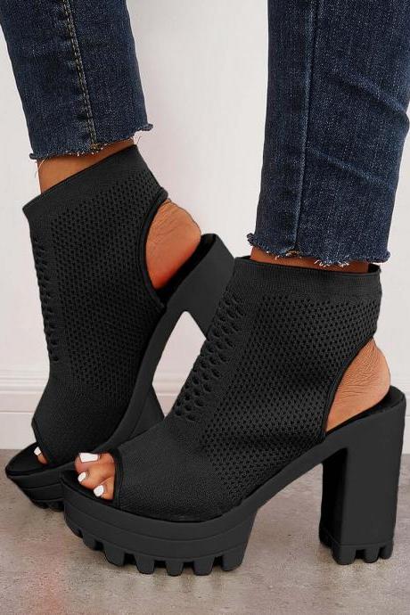 Veooy Peep Toe Chunky Platform High Heels Slip-on Sandals