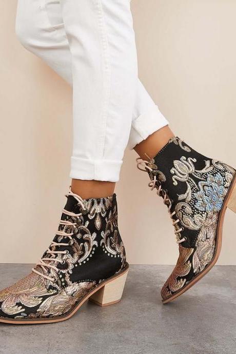 Veooy Retro Embroidered Cowboy Ankle Boots Block Heel Western Booties