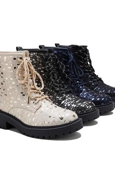 Veooy Women Sexy Sequin Lace-Up Ankle Chunky Heel Boots