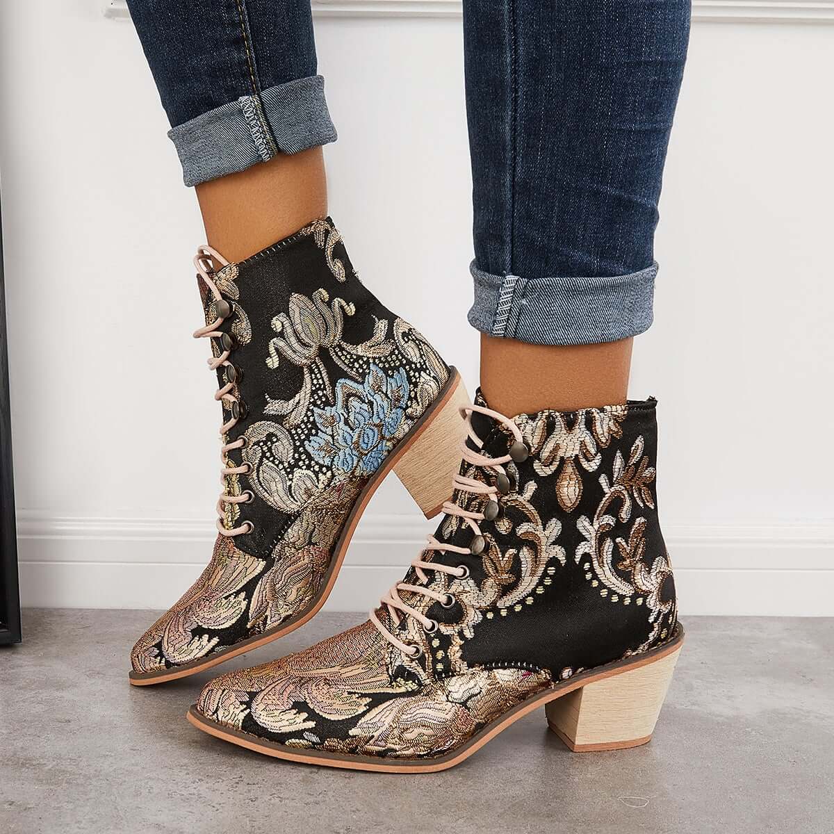 Veooy Retro Embroidered Cowboy Ankle Boots Block Heel Western Booties ...